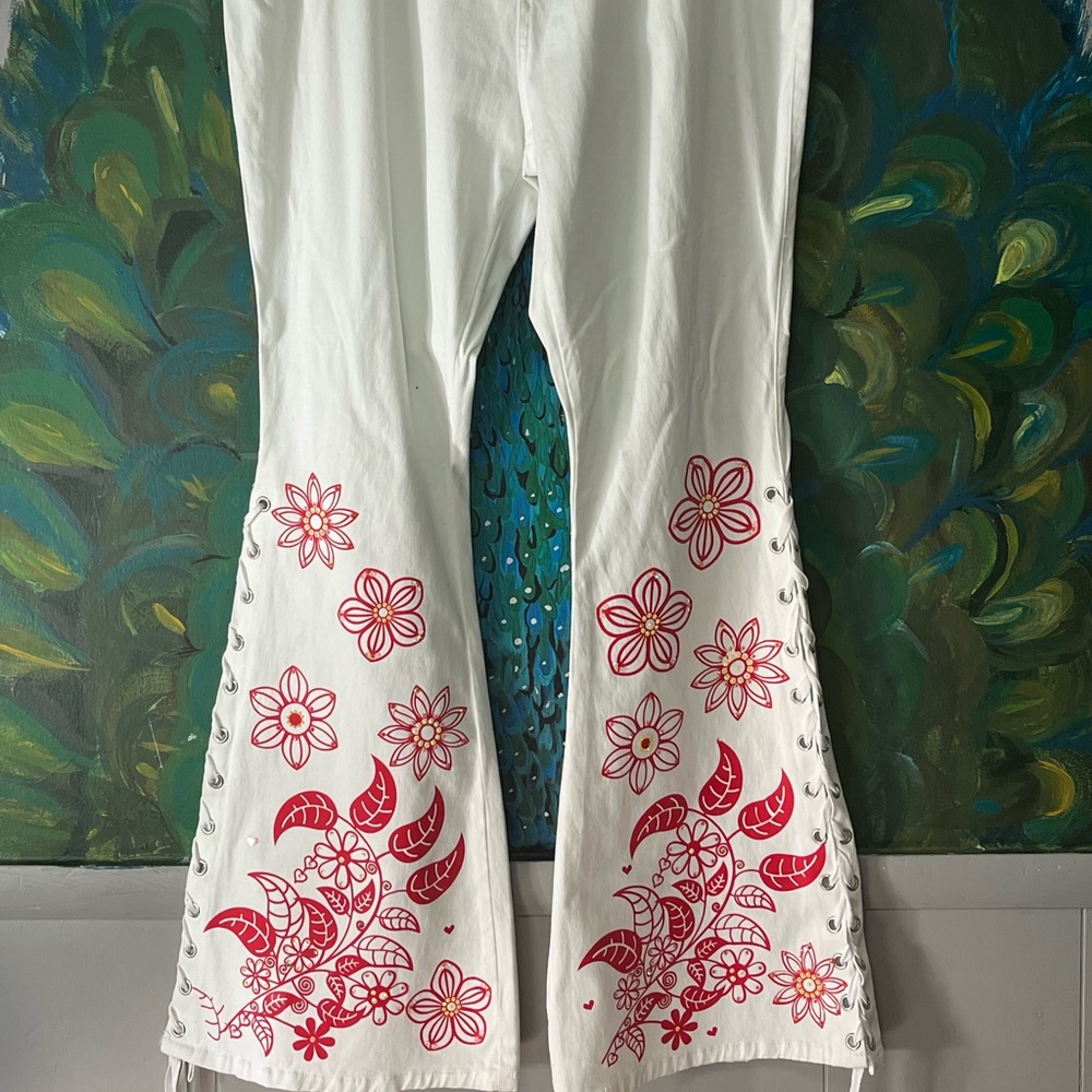 Custom floral white flare denim